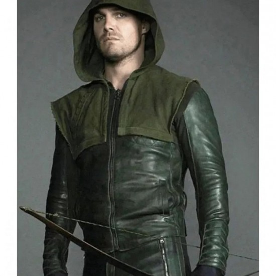 Stephen Amell Arrow Green Hooded Jacket with Quiver Costume