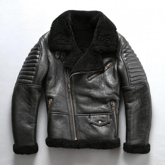 Mens Genuine Cow Skin Real Fur Shearling Jacket 