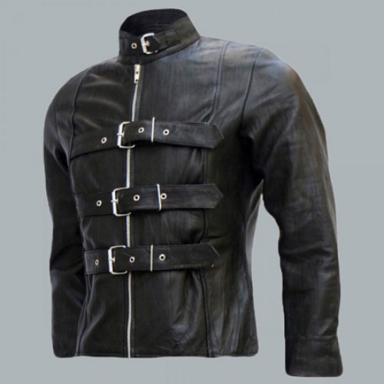 Men's Belted Black Leather Biker Jacket 