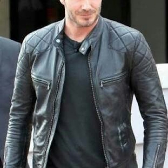 Black Quilted Genuine Leather Biker David Beckham Jacket