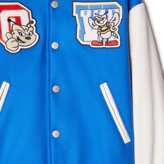 Mens Blue College Off White Varsity Jacket