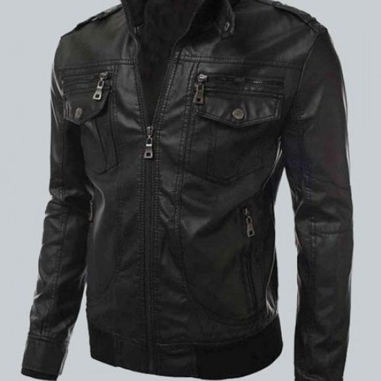 Mens Bomber Slim Fit Black Biker Jacket