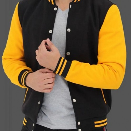 Yellow And Black Button Up Varsity Baseball Jacket