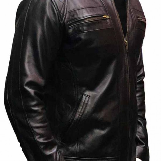 New Mens Quilted Cafe Racer Biker Leather Jacket