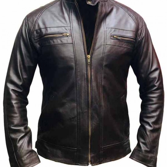 New Mens Quilted Cafe Racer Biker Leather Jacket