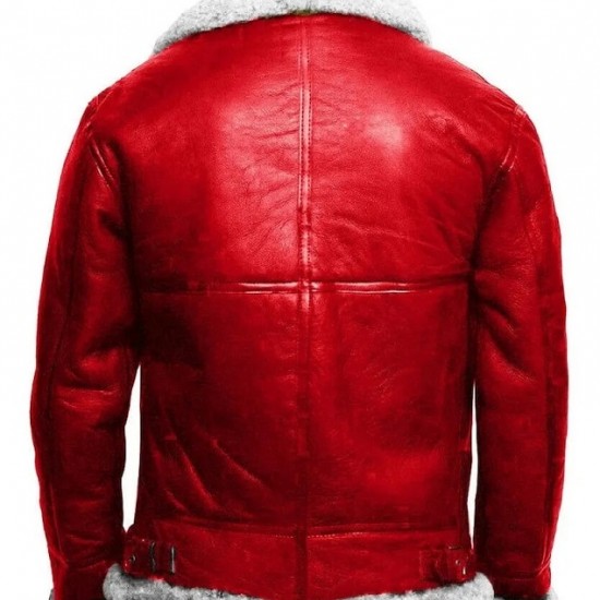 Red A2 Bomber Aviator With Real Fur Collar Christmas Holiday Genuine Leather Jacket