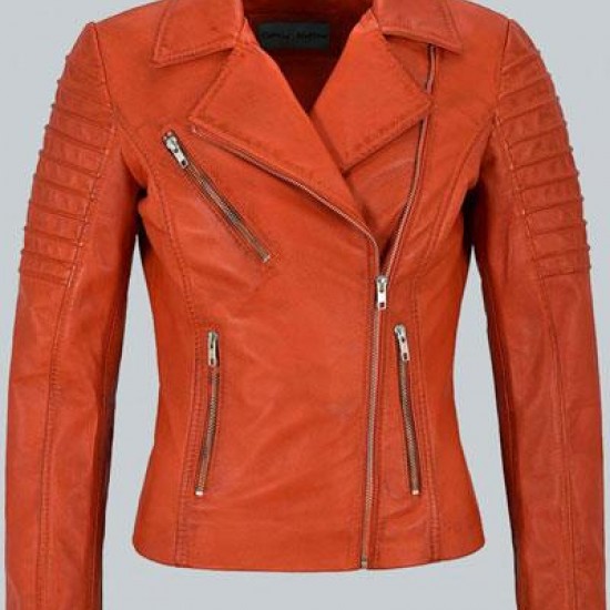 Mila Kunis Women Classic Orange Leather Jacket