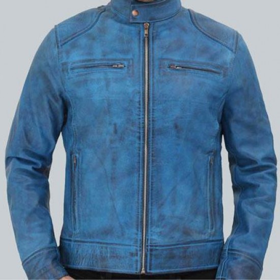 Dodge Cafe Racer Sky Blue Leather Jacket