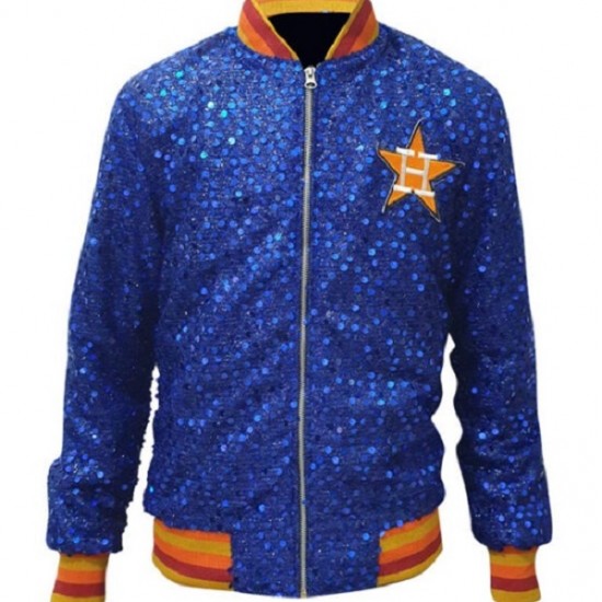 Womens Houston ASTROS SEQUIN Jacket Bomber Sparky Glitter Moon light Blue Jacket