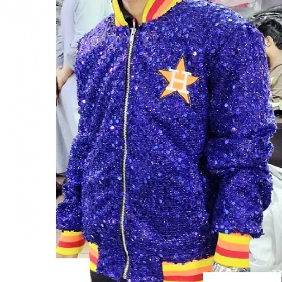 Womens Houston ASTROS SEQUIN Jacket Bomber Sparky Glitter Moon light Blue Jacket