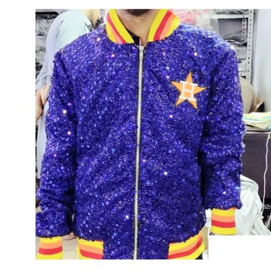 Womens Houston ASTROS SEQUIN Jacket Bomber Sparky Glitter Moon light Blue Jacket