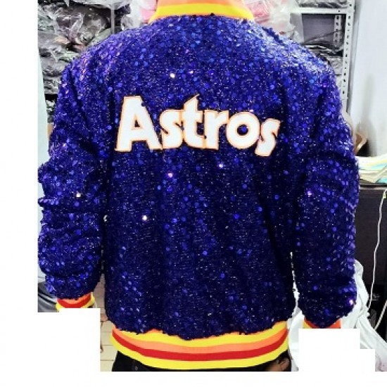 Womens Houston ASTROS SEQUIN Jacket Bomber Sparky Glitter Moon light Blue Jacket