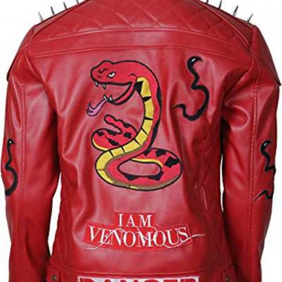 I Am Venomous Last Bite Snake Logo Danger Red Studded Biker Leather Jacket