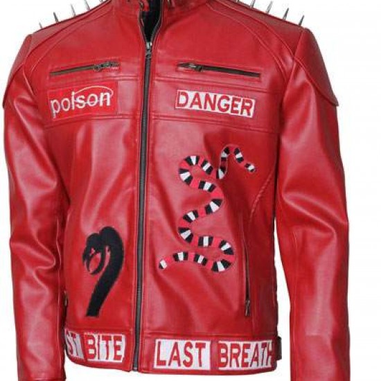 I Am Venomous Last Bite Snake Logo Danger Red Studded Biker Leather Jacket