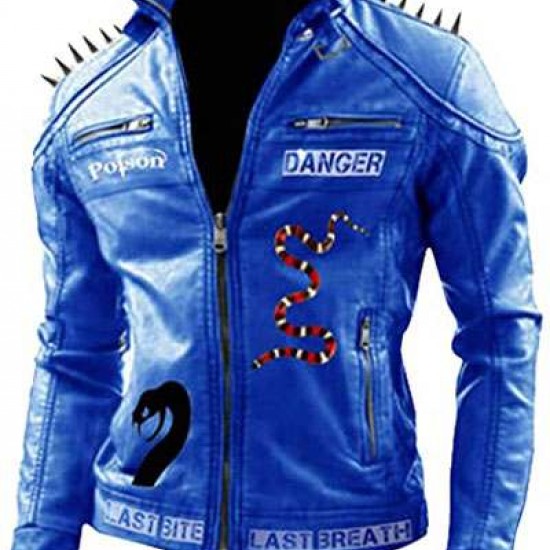 I Am Venomous Last Bite Snake Logo Danger Studded Biker Leather Jacket