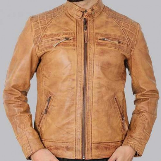 Johnson Quilted Distressed Camel Leather Jacket Mens