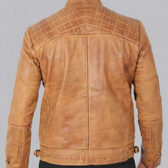 Johnson Quilted Distressed Camel Leather Jacket Mens