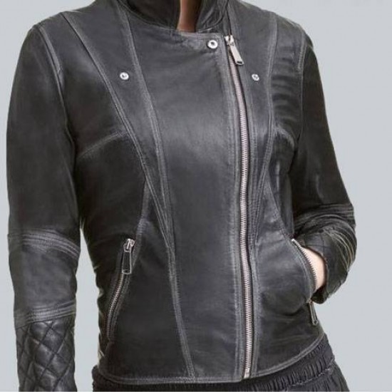 Lexi Black Quilted Asymmetrical Ladies Moto Jacket