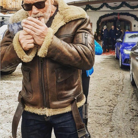 Men Arnold Schwarzenegger Winter Aviator RAF B6 Shearling Real Sheepskin Leather Bomber Flying Jacket