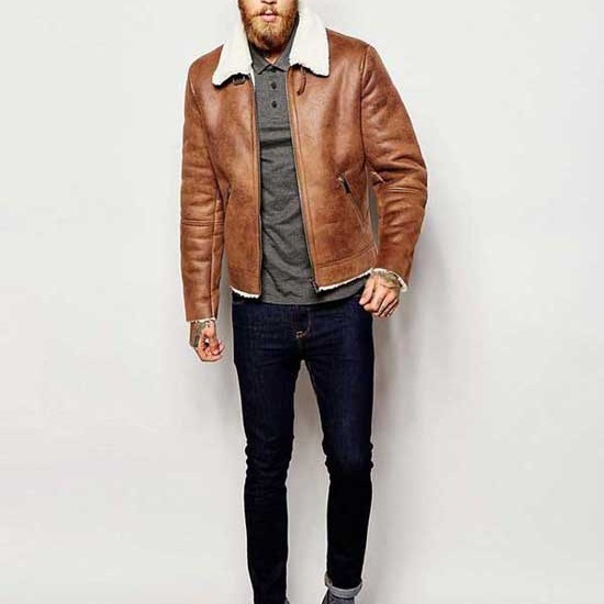 Mens Aviator Brown Leather Faux Shearling Jacket