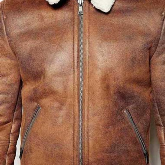 Mens Aviator Brown Leather Faux Shearling Jacket