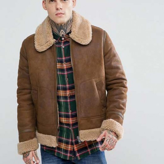 Mens Aviator Brown Leather Jacket With Faux Shearling