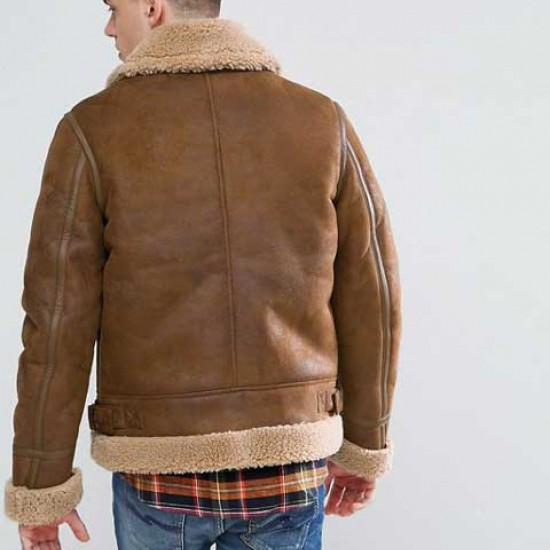 Mens Aviator Brown Leather Jacket With Faux Shearling