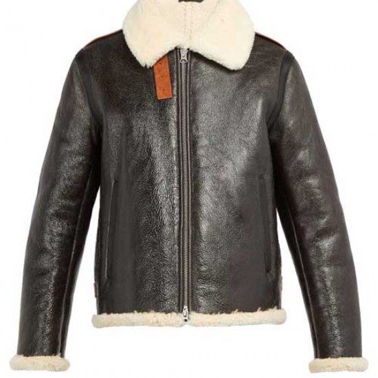 Mens Aviator Faux Shearling Black Leather Jacket