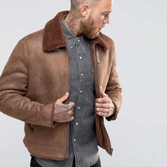 Mens B3 Faux Shearling Brown Leather Jacket