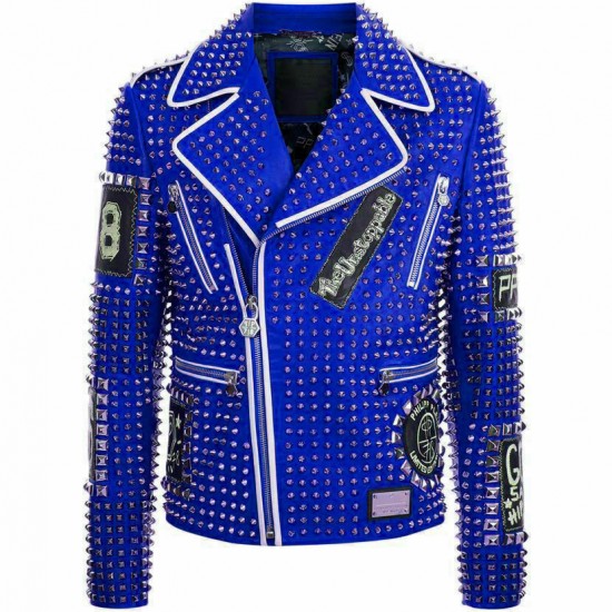 Men's Brando Studded Multi Embroidery Patches Punk Blue Leather Jacket