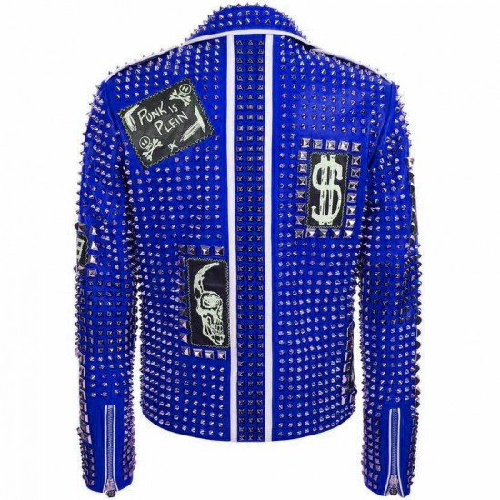 Men's Brando Studded Multi Embroidery Patches Punk Blue Leather Jacket