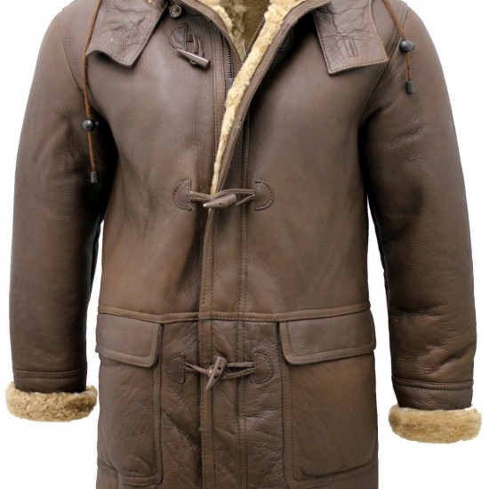 Men's Brown Shearling Sheepskin Leather Detachable Hood Duffle Coat