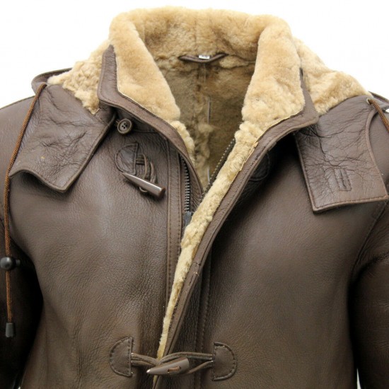 Men's Brown Shearling Sheepskin Leather Detachable Hood Duffle Coat