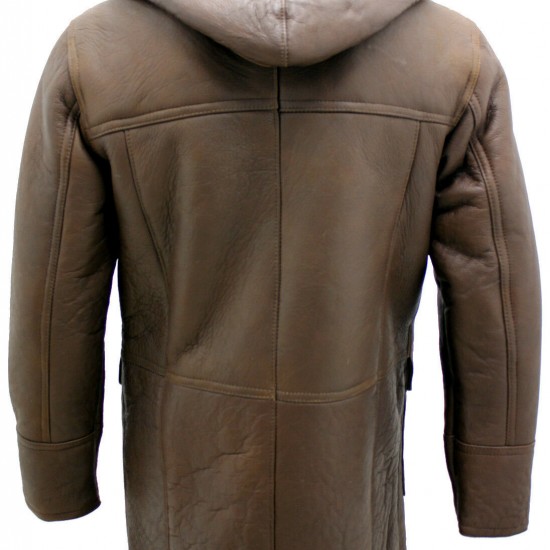 Men's Brown Shearling Sheepskin Leather Detachable Hood Duffle Coat