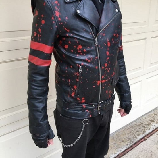 Men's Custom Hand Painted Punk Bloody Punisher Leather Biker Jacket 