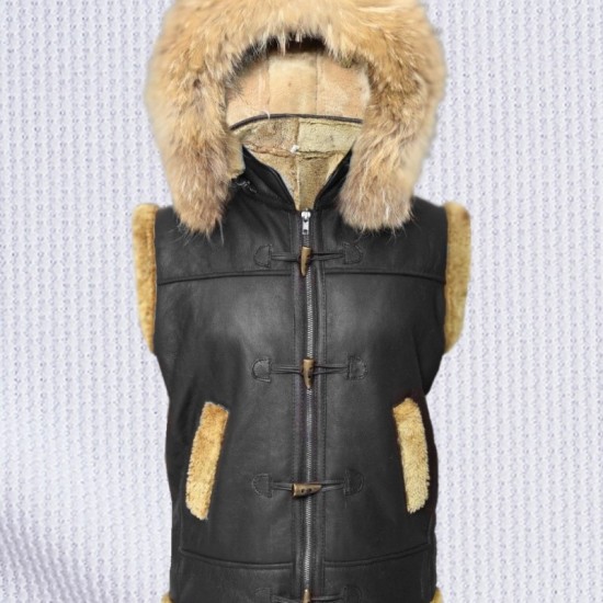 Men's Hooded B3 Aviator Fur Shearling RAF Leather Vest