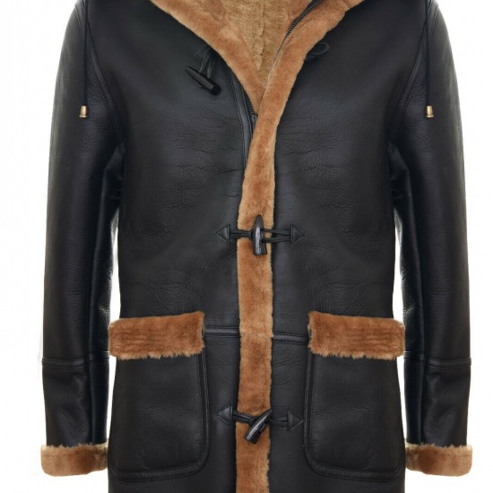 Men's New Winter Sheepskin Leather Ginger Removable Hooded Duffle Coat