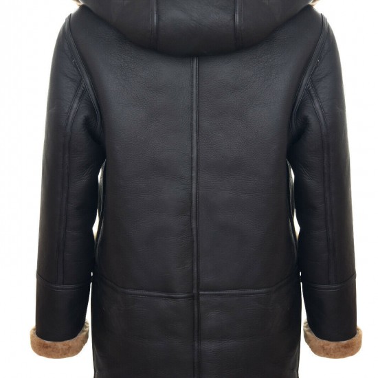 Men's New Winter Sheepskin Leather Ginger Removable Hooded Duffle Coat