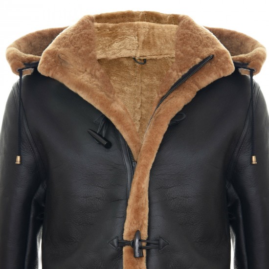 Men's New Winter Sheepskin Leather Ginger Removable Hooded Duffle Coat