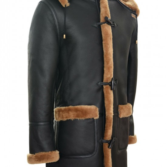 Men's New Winter Sheepskin Leather Ginger Removable Hooded Duffle Coat