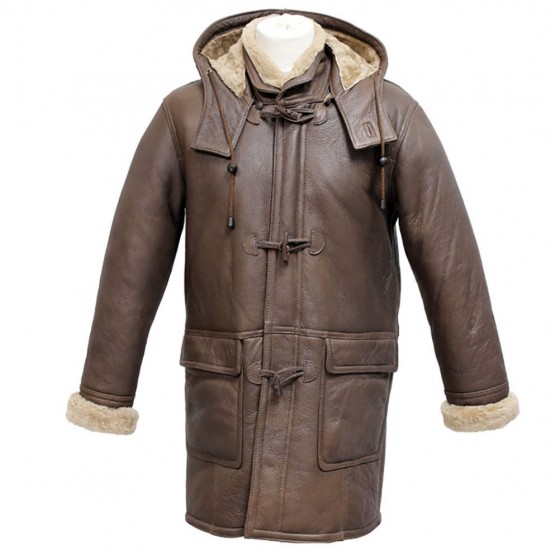 Men's Rufus Brown New Winter Real Shearling Sheepskin Leather Duffle Coat