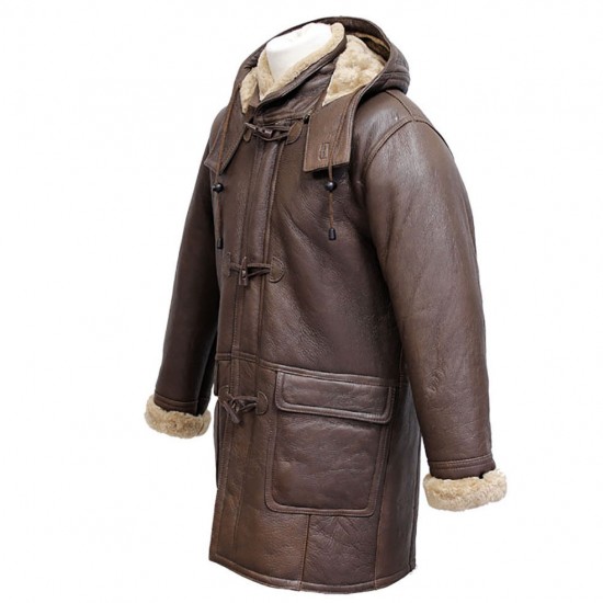 Men's Rufus Brown New Winter Real Shearling Sheepskin Leather Duffle Coat