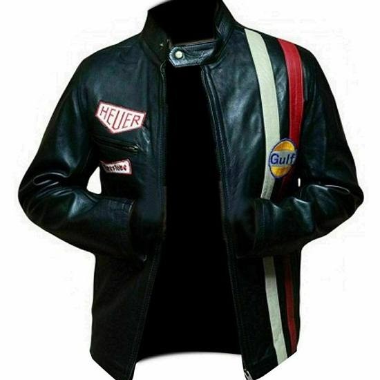 Men's Steve McQueen Le Mans GRANDPRIX Gulf Racing Style Biker Leather Jacket