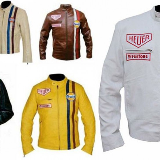 Men's Steve McQueen Le Mans GRANDPRIX Gulf Racing Style Biker Leather Jacket