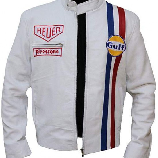 Men's Steve McQueen Le Mans GRANDPRIX Gulf Racing Style Biker Leather Jacket