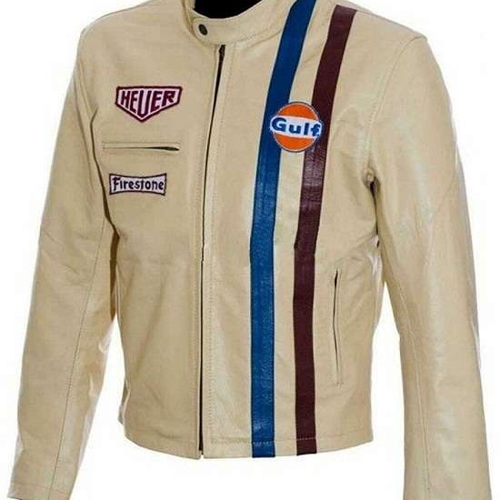 Men's Steve McQueen Le Mans GRANDPRIX Gulf Racing Style Biker Leather Jacket