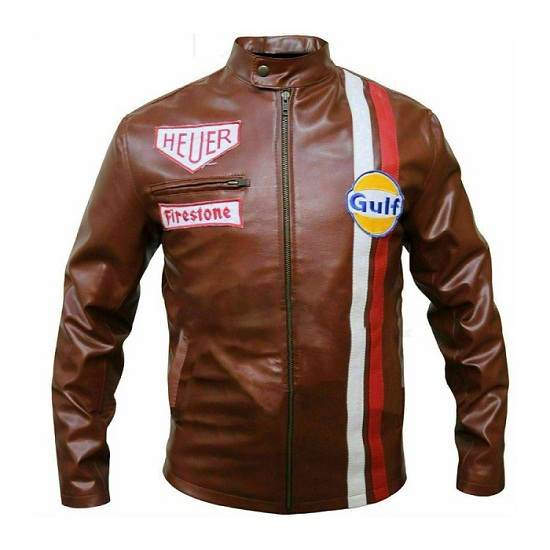 Men's Steve McQueen Le Mans GRANDPRIX Gulf Racing Style Biker Leather Jacket