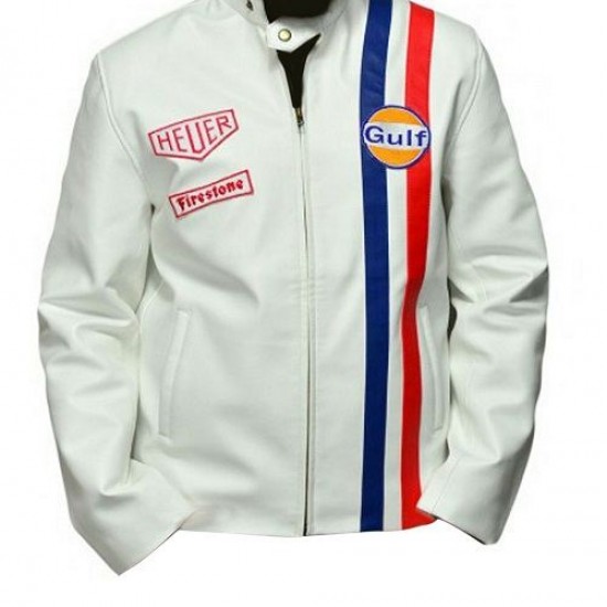 Men's Steve McQueen Le Mans Gulf Racing White Leather Jacket