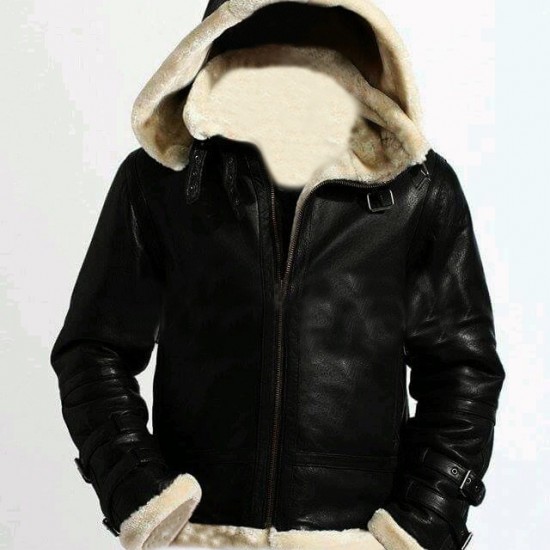 Men's Stylish B3 Bomber Full Fur Removable Hood Cow Leather Jacket