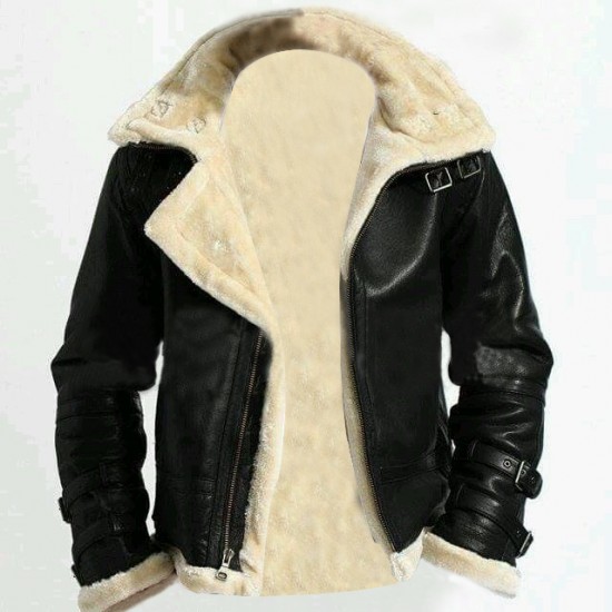 Men's Stylish B3 Bomber Full Fur Removable Hood Cow Leather Jacket